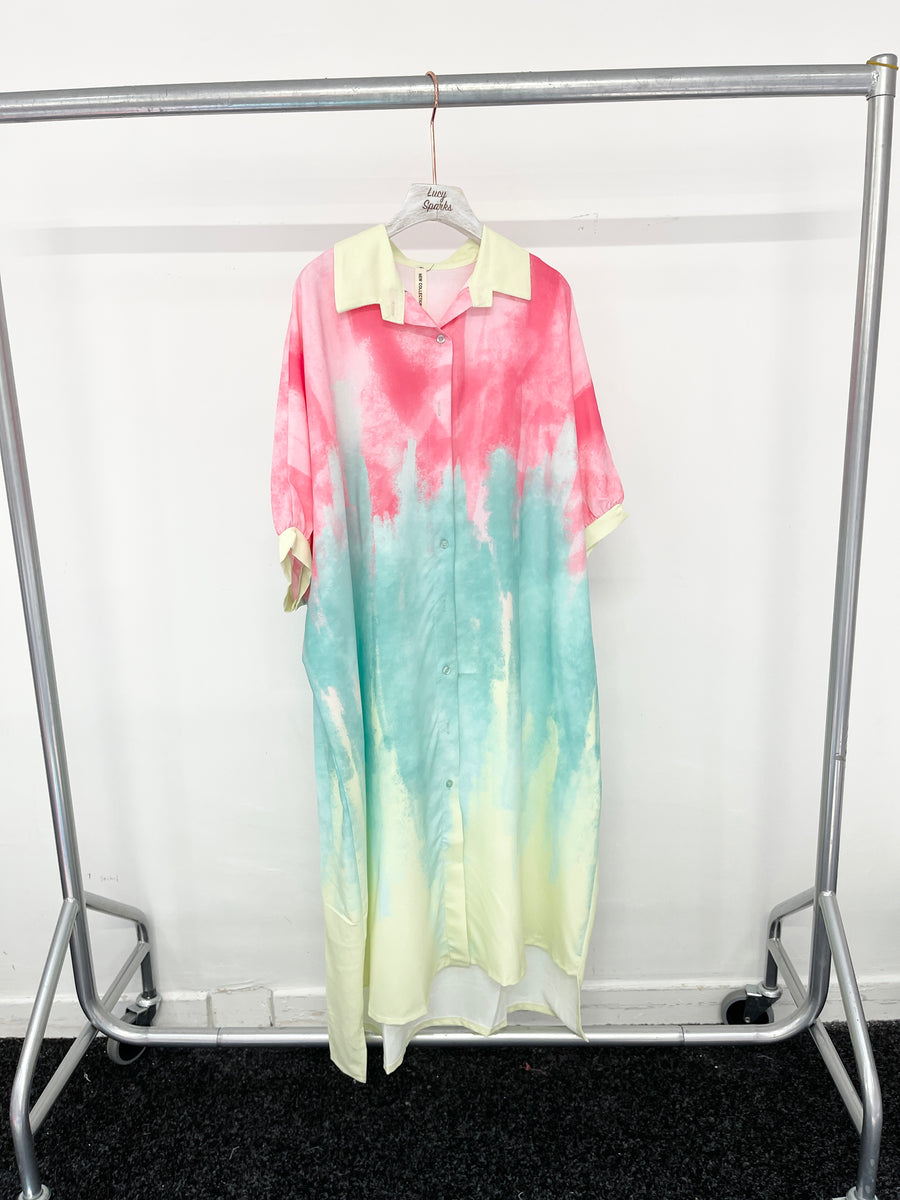 Tie Dye Multi Colour Print Oversized Stretchy Shirt Dress