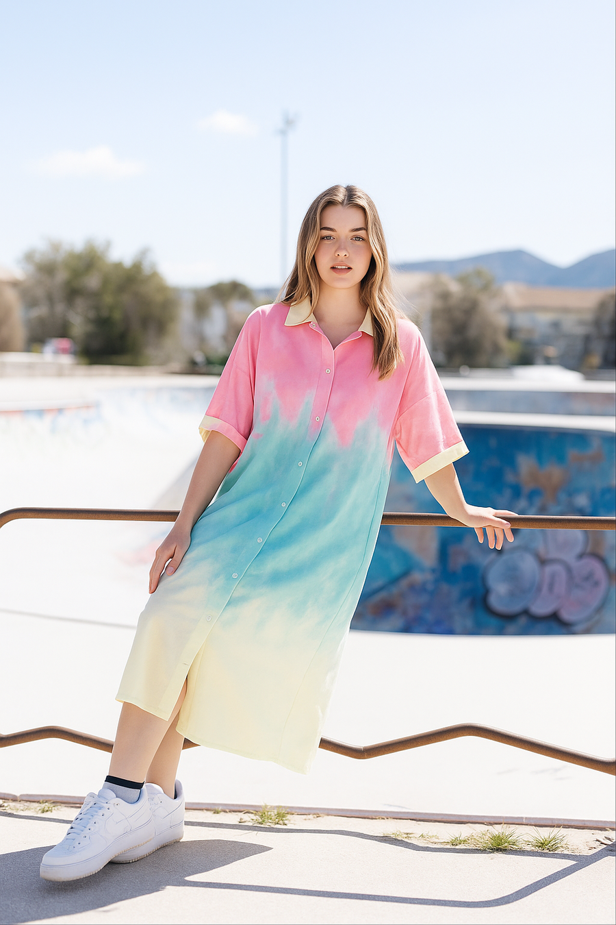 Tie Dye Multi Colour Print Oversized Stretchy Shirt Dress