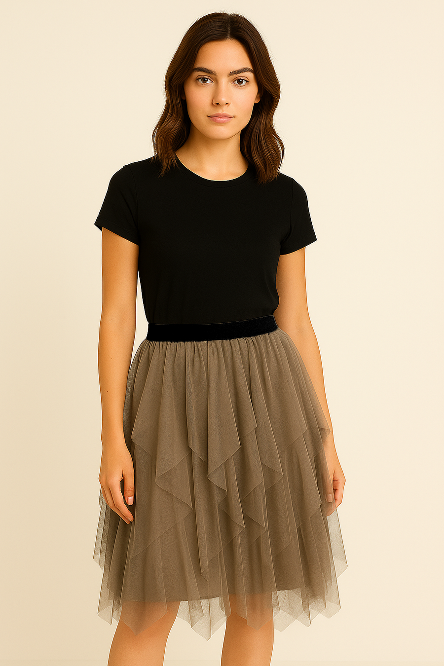 Plain Solid Colours Ruffled Mesh Skirt With Lining And Super Stretchy Waistband