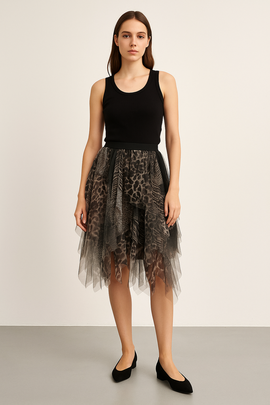Ruffled Mesh Skirt In Animal Print With Lining And Super Stretchy Waistband