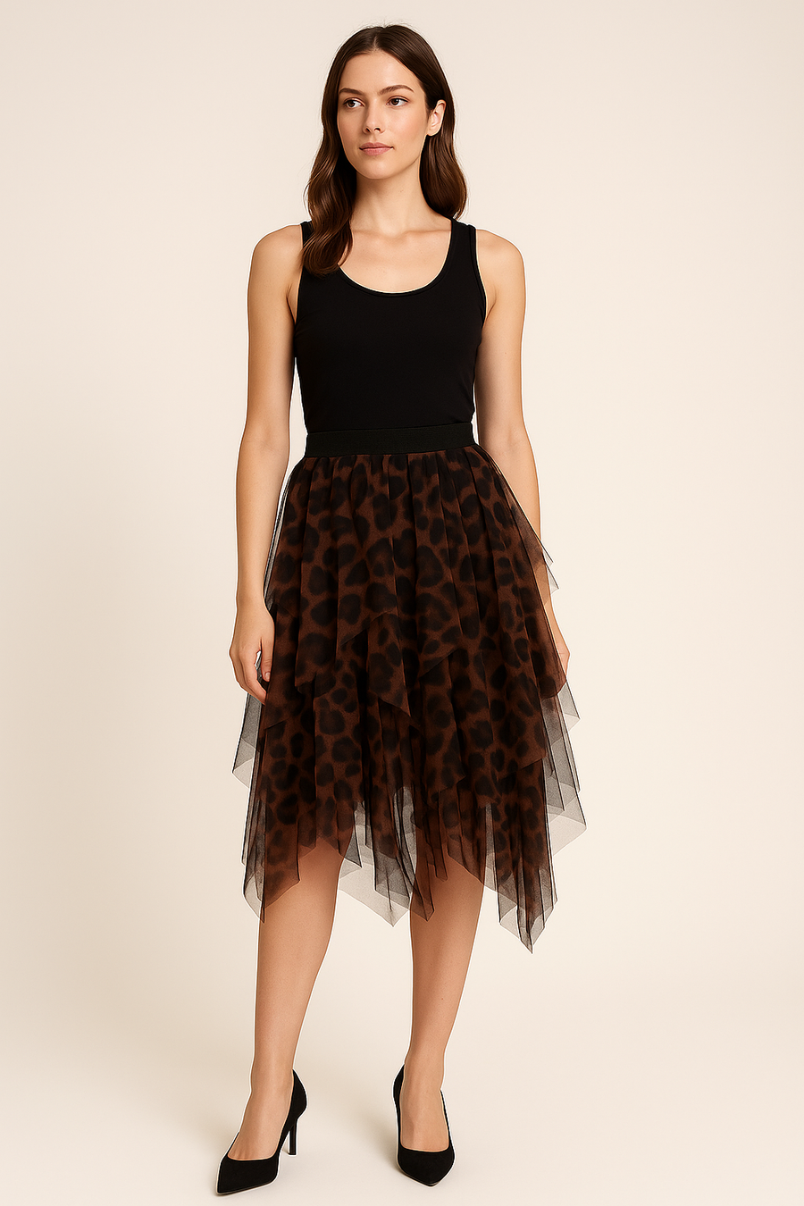 Ruffled Mesh Skirt In Animal Print With Lining And Super Stretchy Waistband