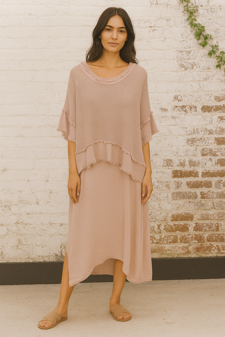 2 piece linen cotton blend frayed edged dress with side pockets