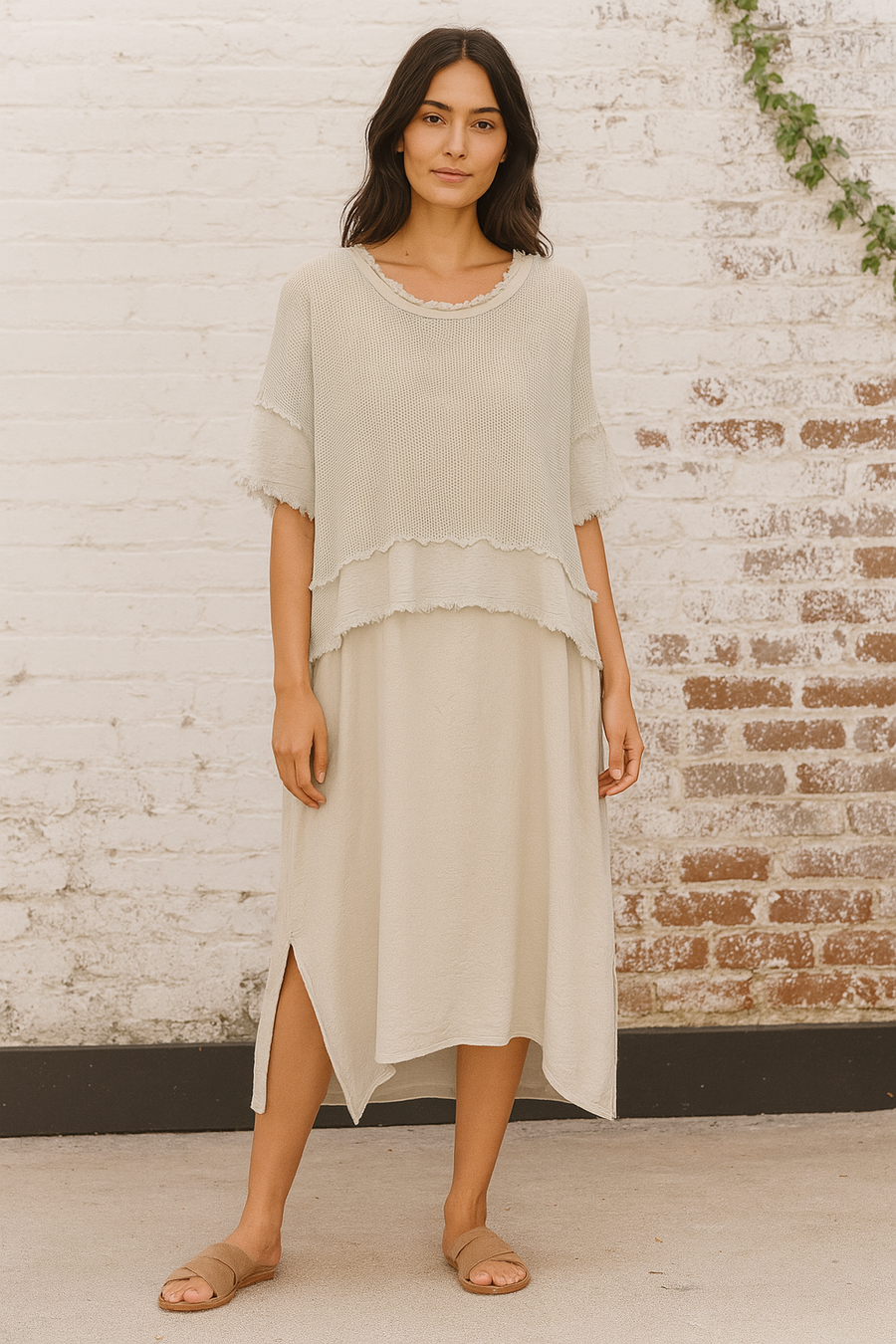 2 piece linen cotton blend frayed edged dress with side pockets