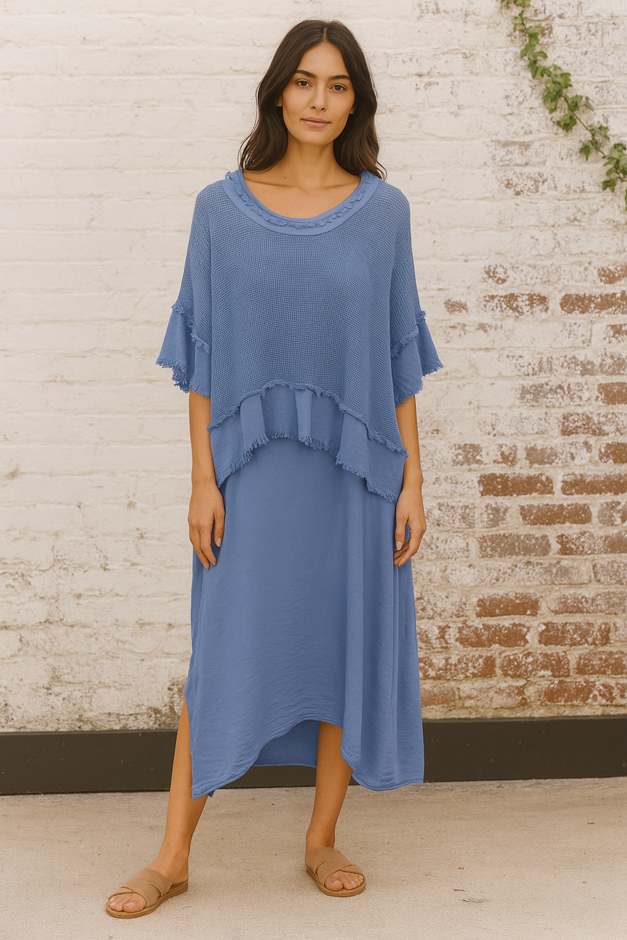 2 piece linen cotton blend frayed edged dress with side pockets