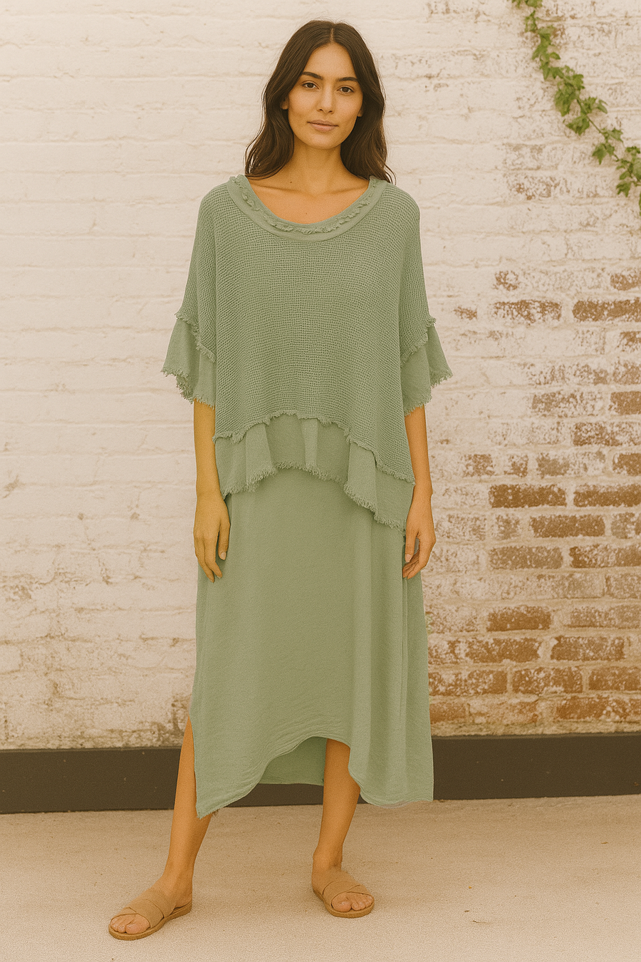 2 piece linen cotton blend frayed edged dress with side pockets