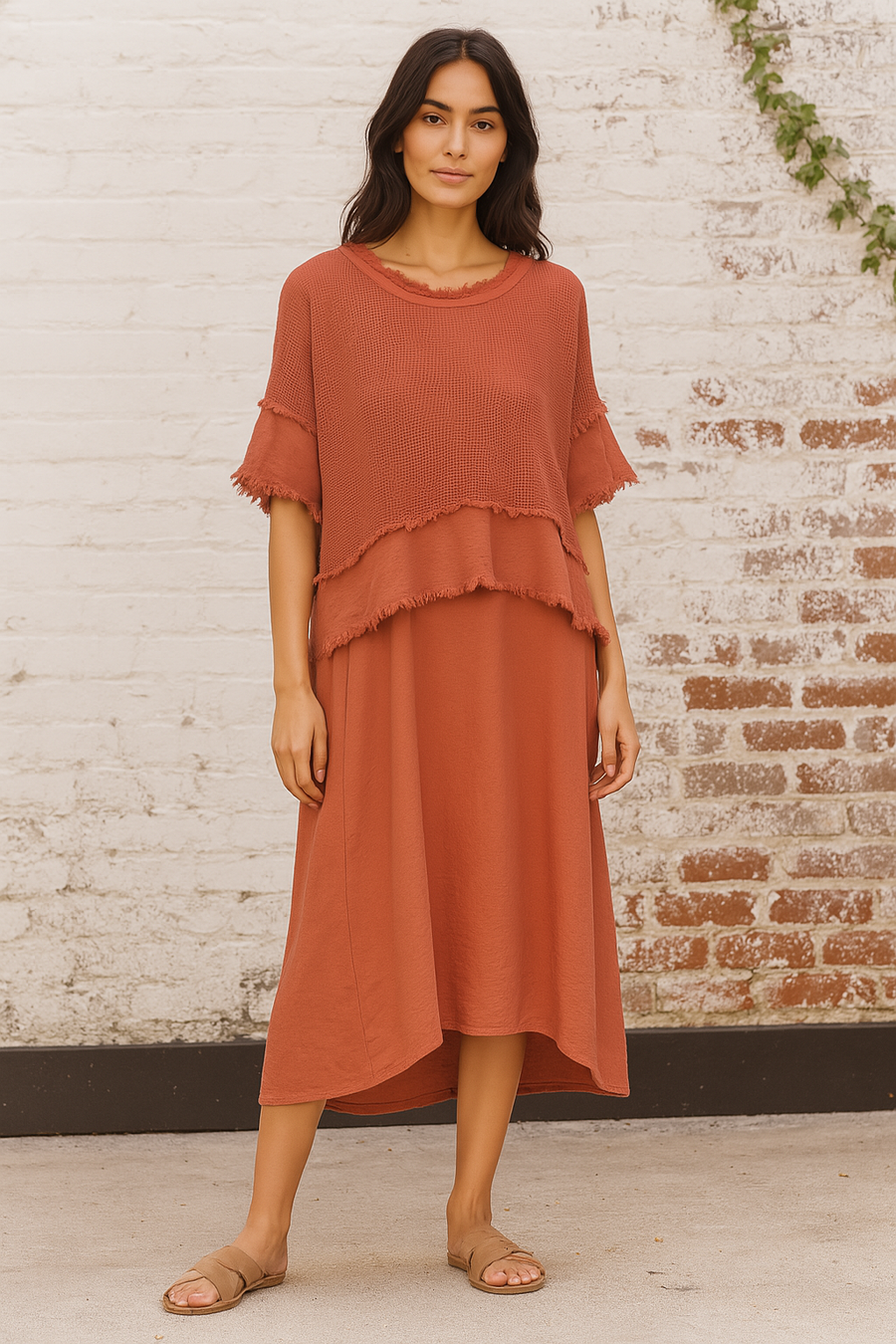 2 piece linen cotton blend frayed edged dress with side pockets