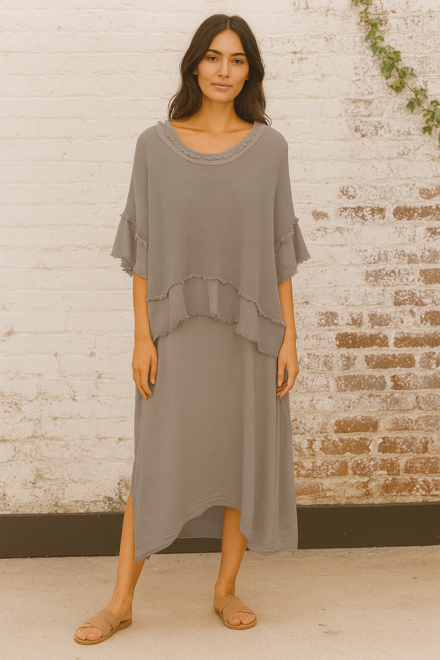 2 piece linen cotton blend frayed edged dress with side pockets