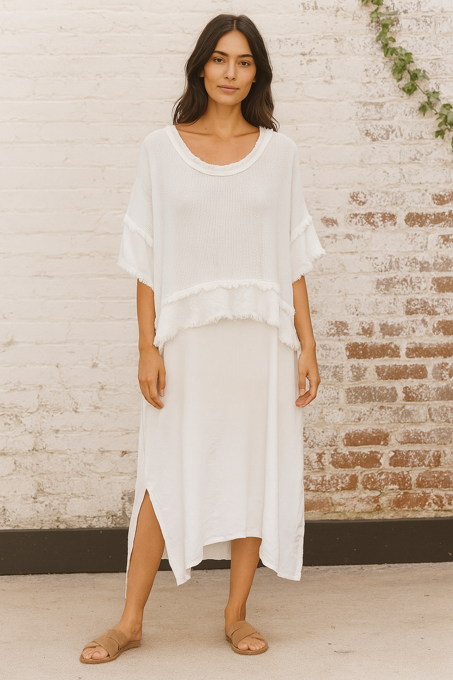 2 piece linen cotton blend frayed edged dress with side pockets