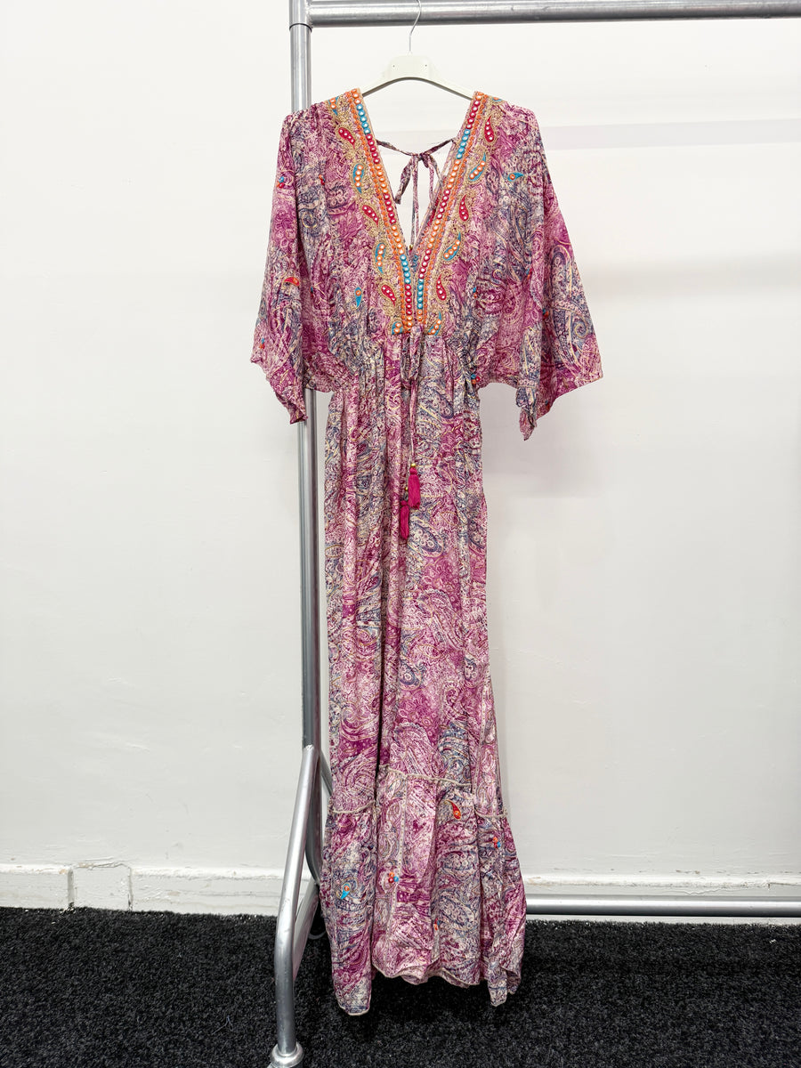 FULLY PRINTED SILKY MAXI DRESS WITH DEEP V NECK
