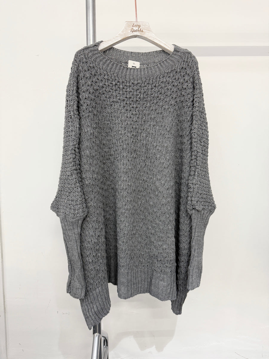 Oversized Cable Knit Jumper with Ribbed Long Cuff and Round Crew Neck