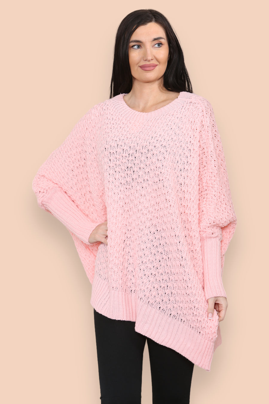 Oversized Cable Knit Jumper with Ribbed Long Cuff and Round Crew Neck