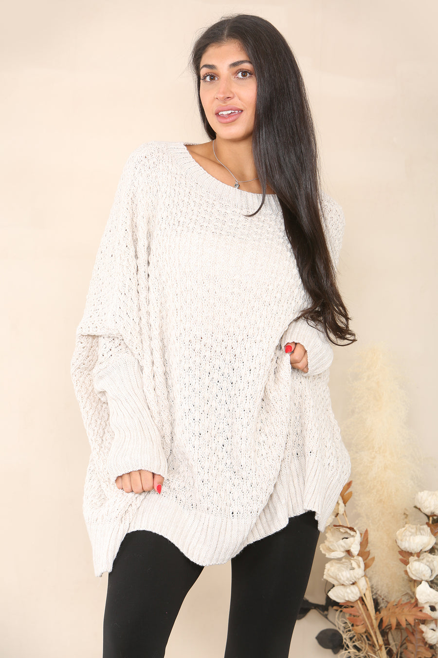 Oversized Cable Knit Jumper with Ribbed Long Cuff and Round Crew Neck