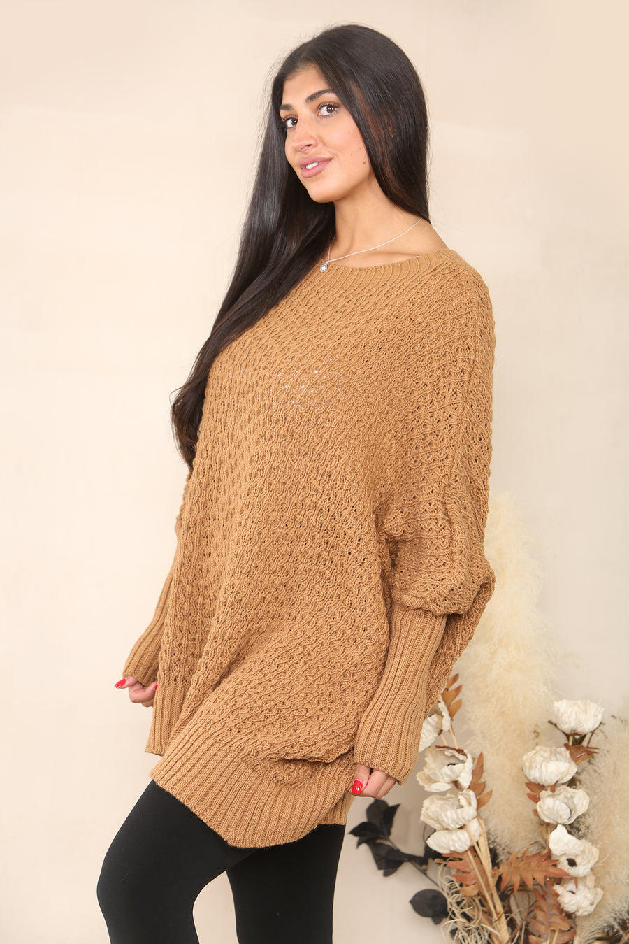 Oversized Cable Knit Jumper with Ribbed Long Cuff and Round Crew Neck