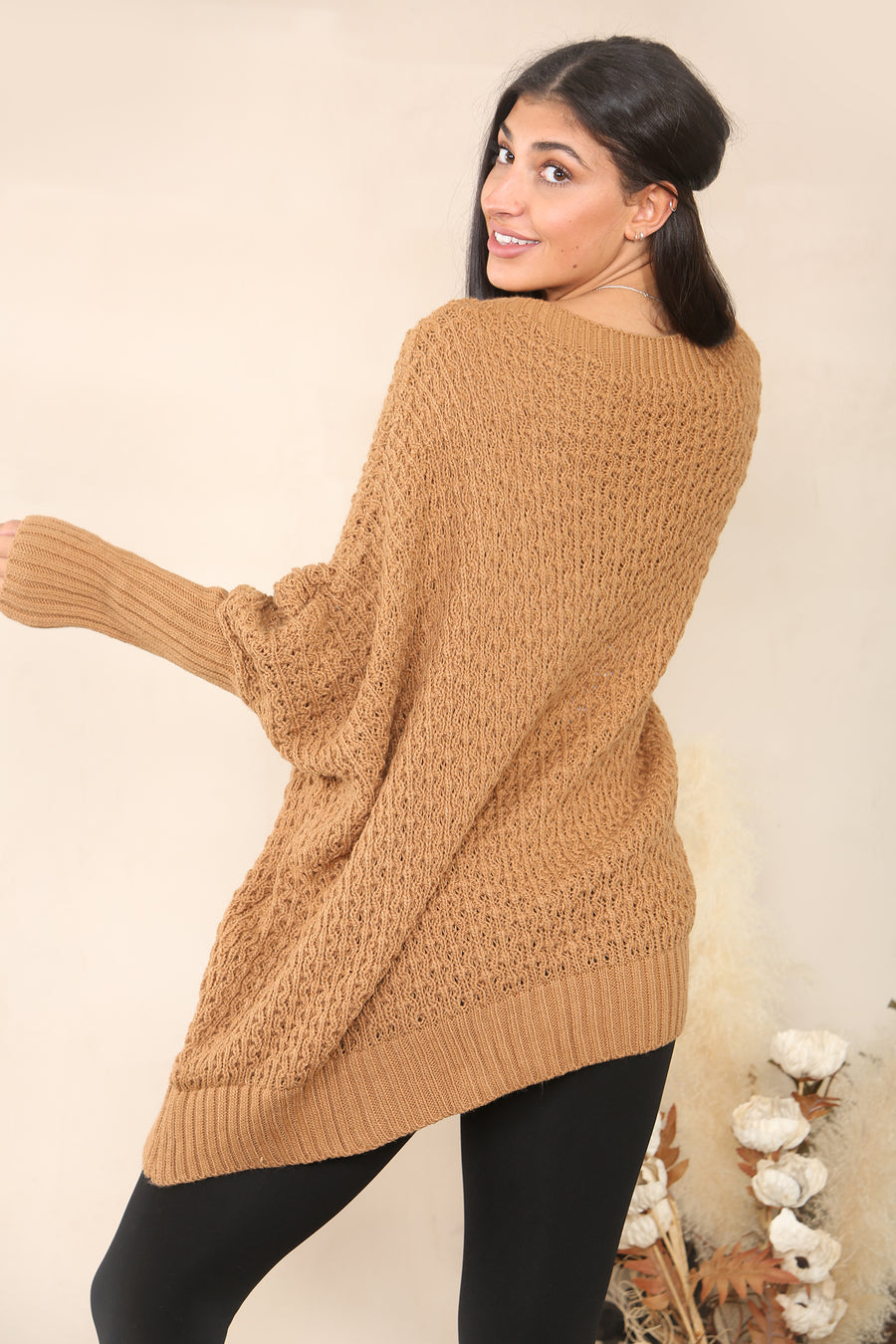 Oversized Cable Knit Jumper with Ribbed Long Cuff and Round Crew Neck