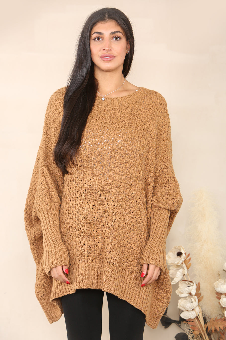 Oversized Cable Knit Jumper with Ribbed Long Cuff and Round Crew Neck