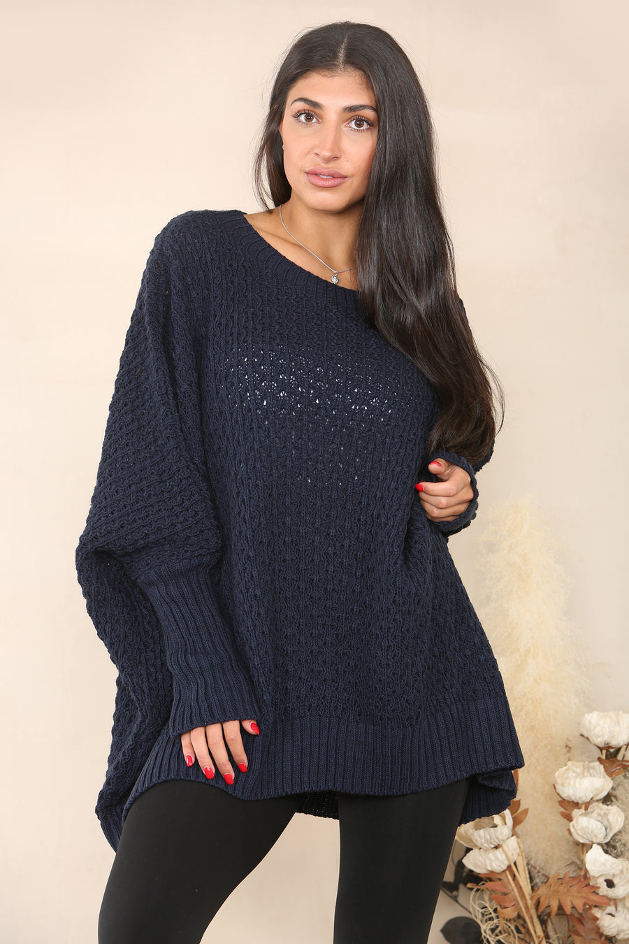 Oversized Cable Knit Jumper with Ribbed Long Cuff and Round Crew Neck