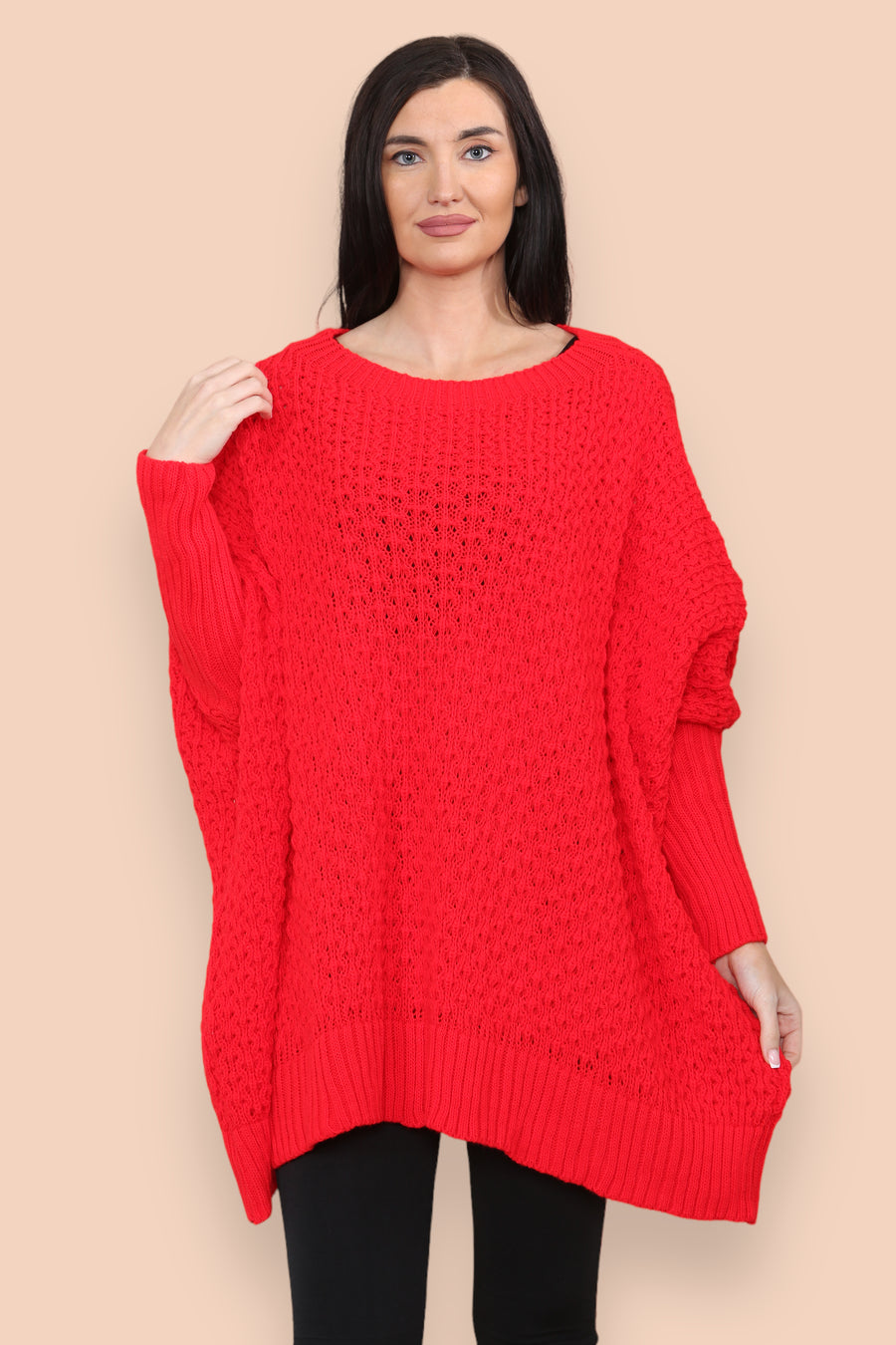 Oversized Cable Knit Jumper with Ribbed Long Cuff and Round Crew Neck