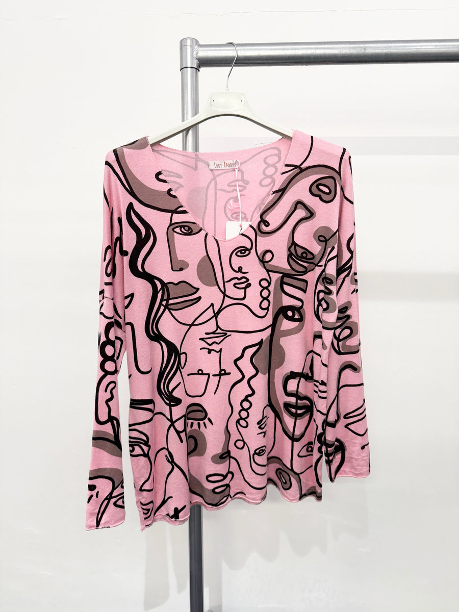 LIGHTWEIGHT KNIT TOP WITH ART PRINT DESIGN ALL OVER