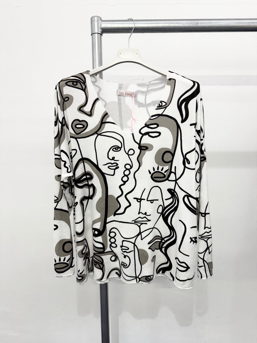 LIGHTWEIGHT KNIT TOP WITH ART PRINT DESIGN ALL OVER