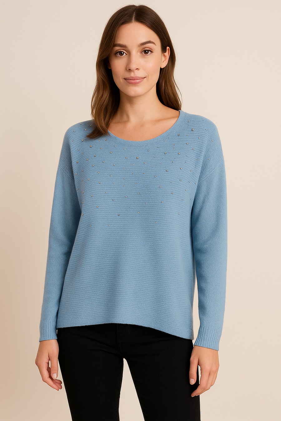 LIGHTWEIGHT KNIT TOP WITH CRYSTAL DIAMANTE'S ALL OVER FRONT