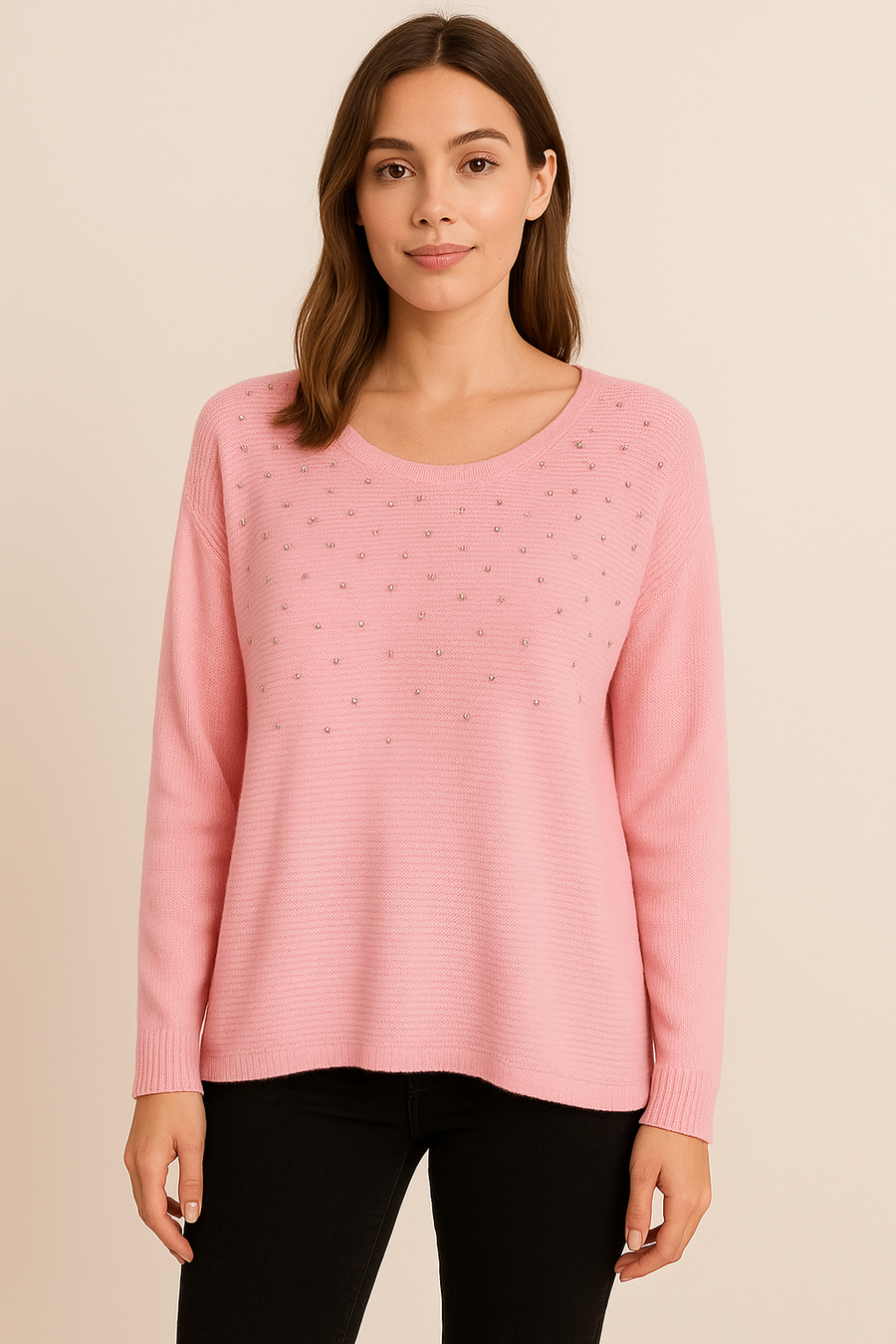 LIGHTWEIGHT KNIT TOP WITH CRYSTAL DIAMANTE'S ALL OVER FRONT
