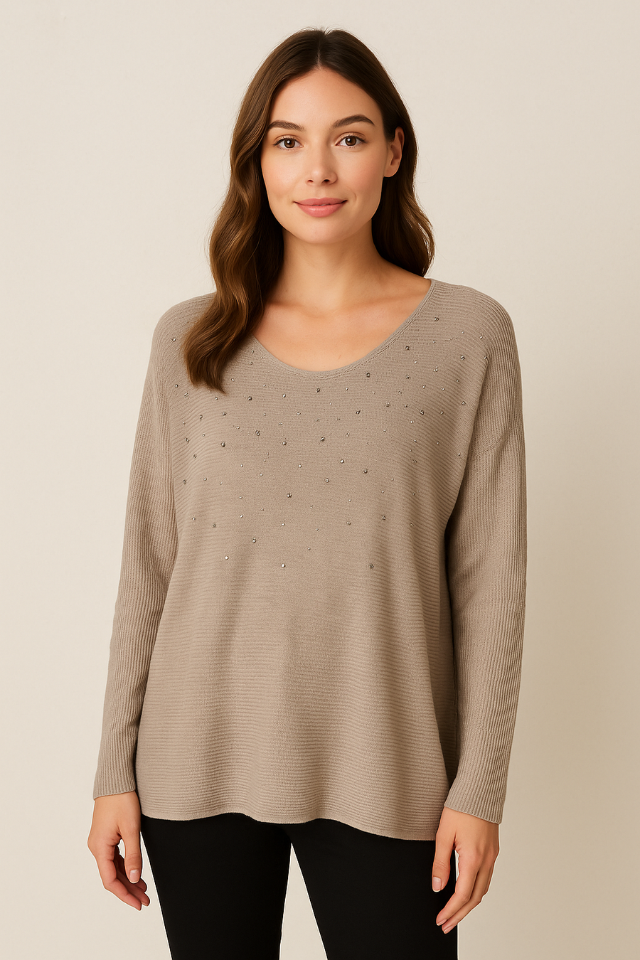 LIGHTWEIGHT KNIT TOP WITH CRYSTAL DIAMANTE'S ALL OVER FRONT