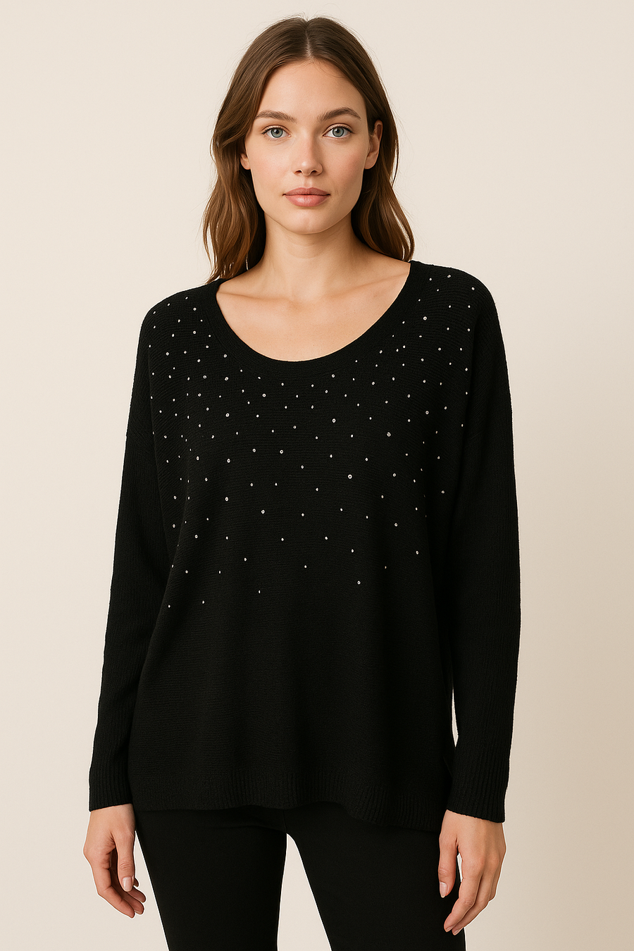 LIGHTWEIGHT KNIT TOP WITH CRYSTAL DIAMANTE'S ALL OVER FRONT