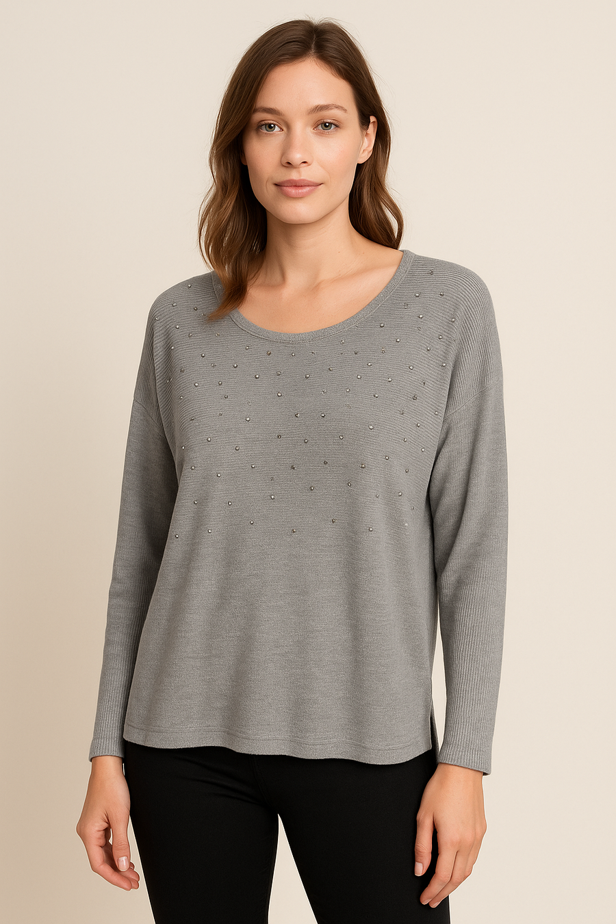 LIGHTWEIGHT KNIT TOP WITH CRYSTAL DIAMANTE'S ALL OVER FRONT