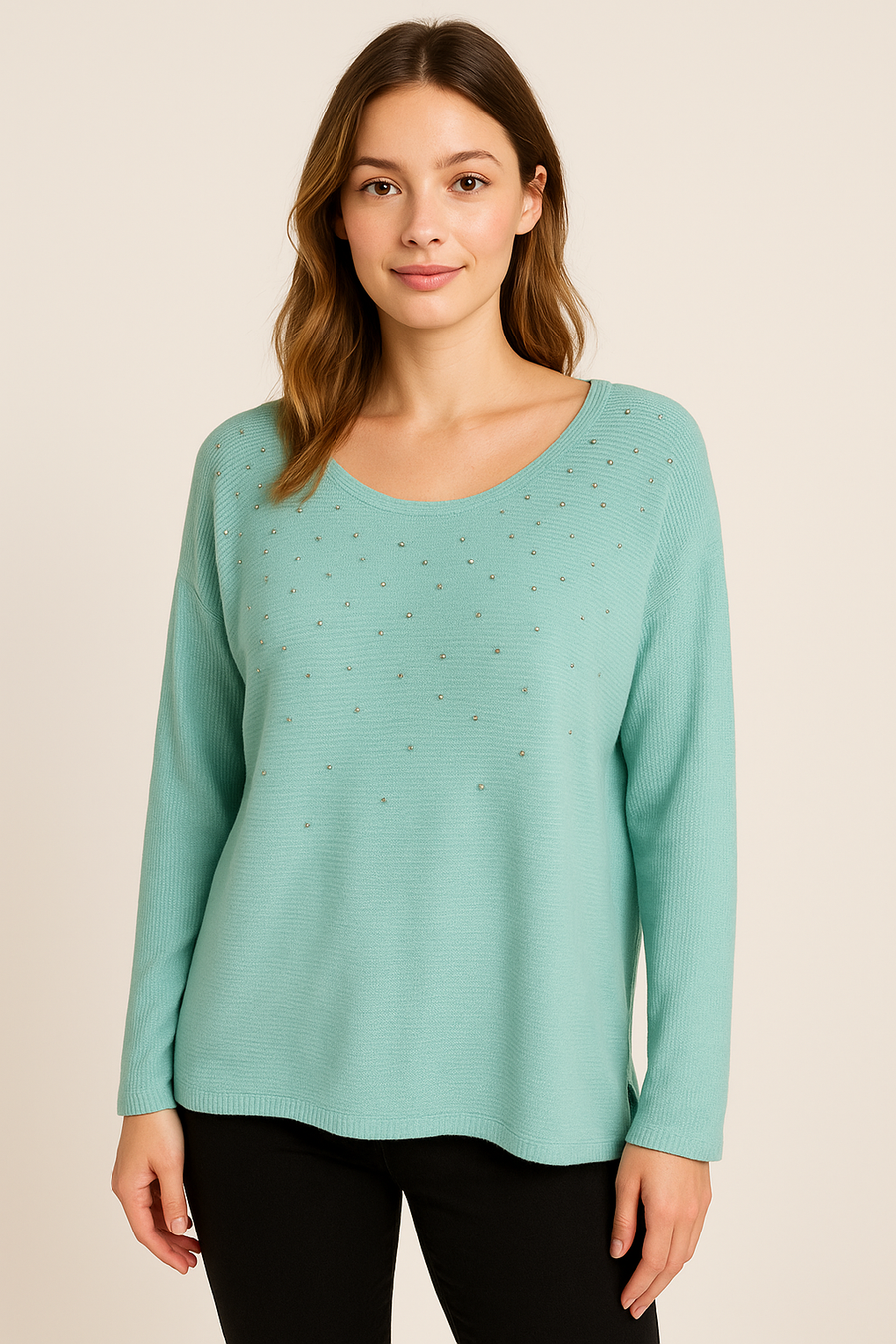 LIGHTWEIGHT KNIT TOP WITH CRYSTAL DIAMANTE'S ALL OVER FRONT