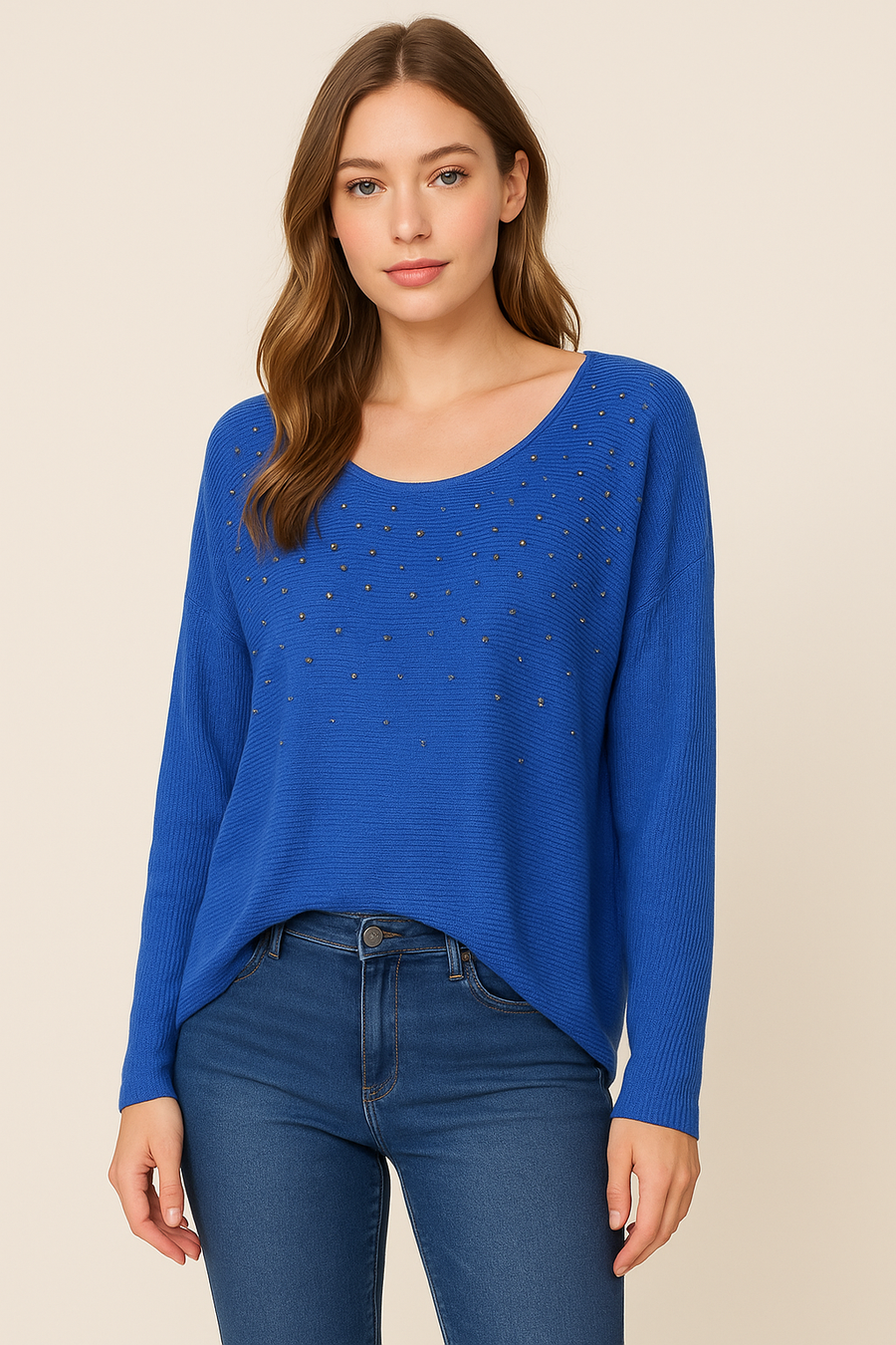 LIGHTWEIGHT KNIT TOP WITH CRYSTAL DIAMANTE'S ALL OVER FRONT