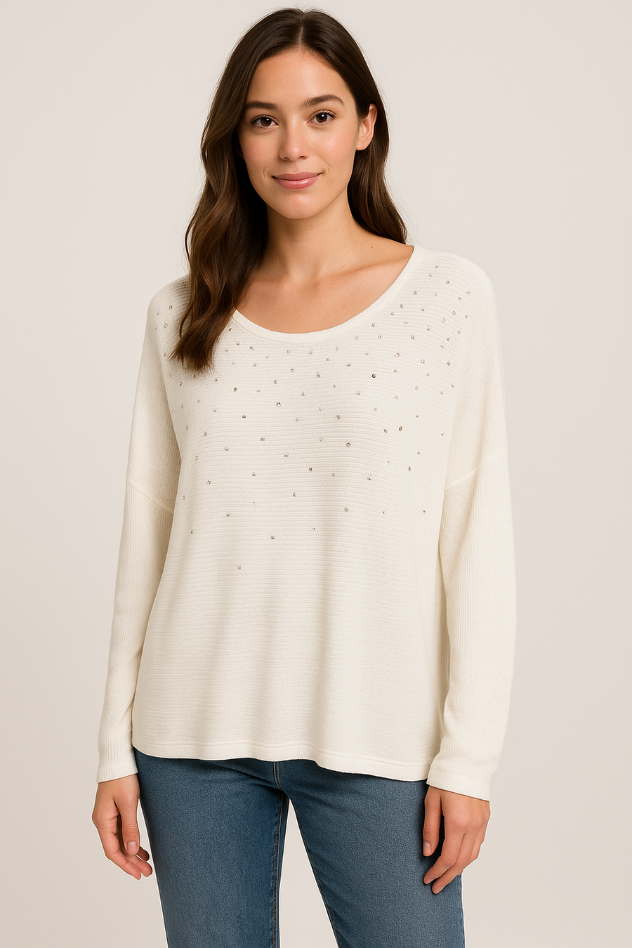 LIGHTWEIGHT KNIT TOP WITH CRYSTAL DIAMANTE'S ALL OVER FRONT