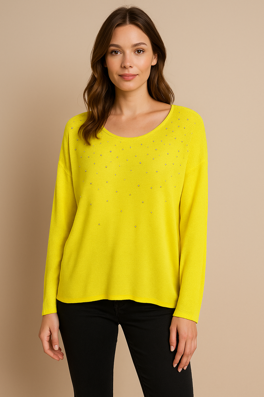 LIGHTWEIGHT KNIT TOP WITH CRYSTAL DIAMANTE'S ALL OVER FRONT