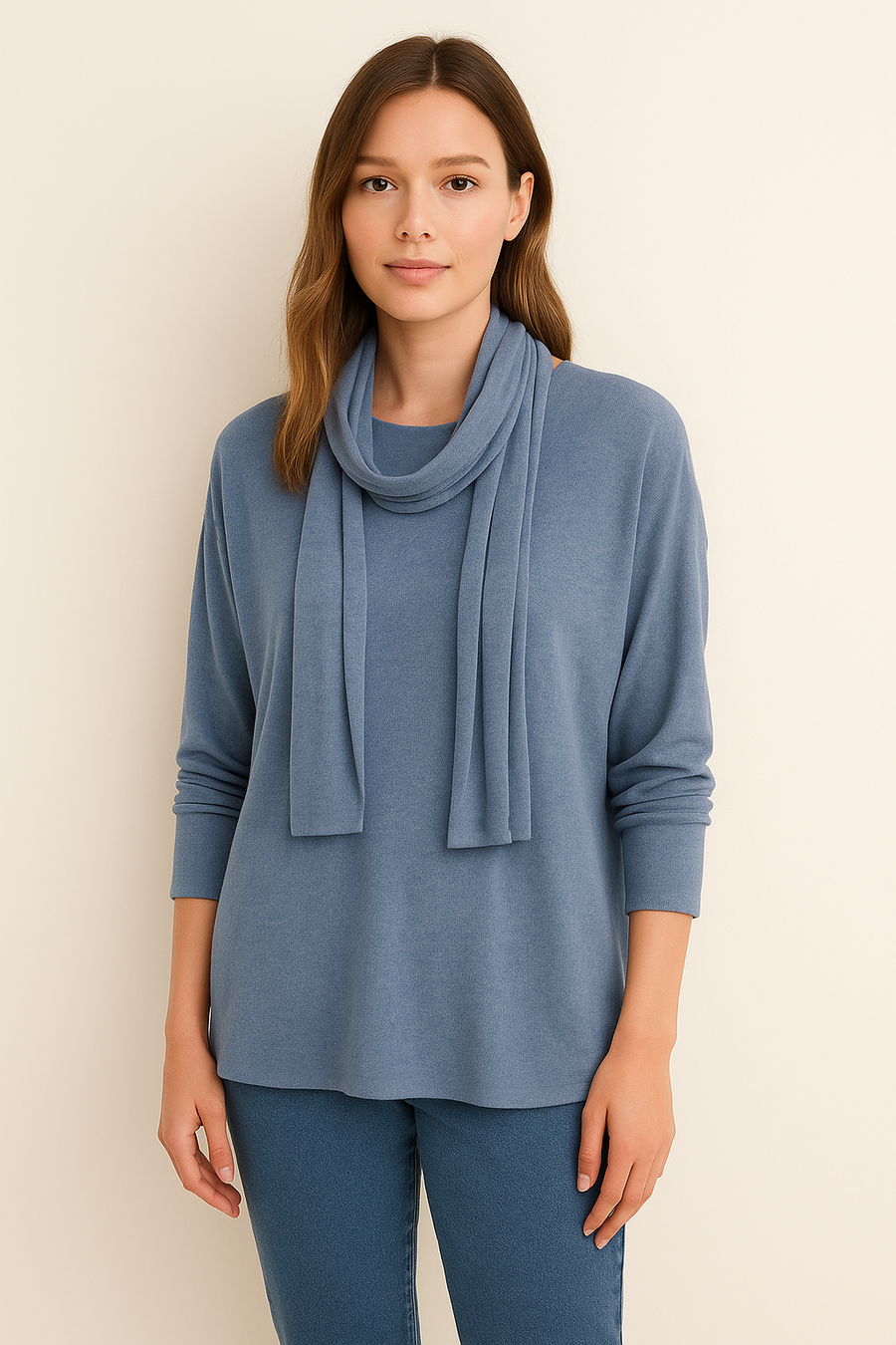 WOOL BLEND LIGHT KNIT TOP WITH MATCHING COLOUR SCARF