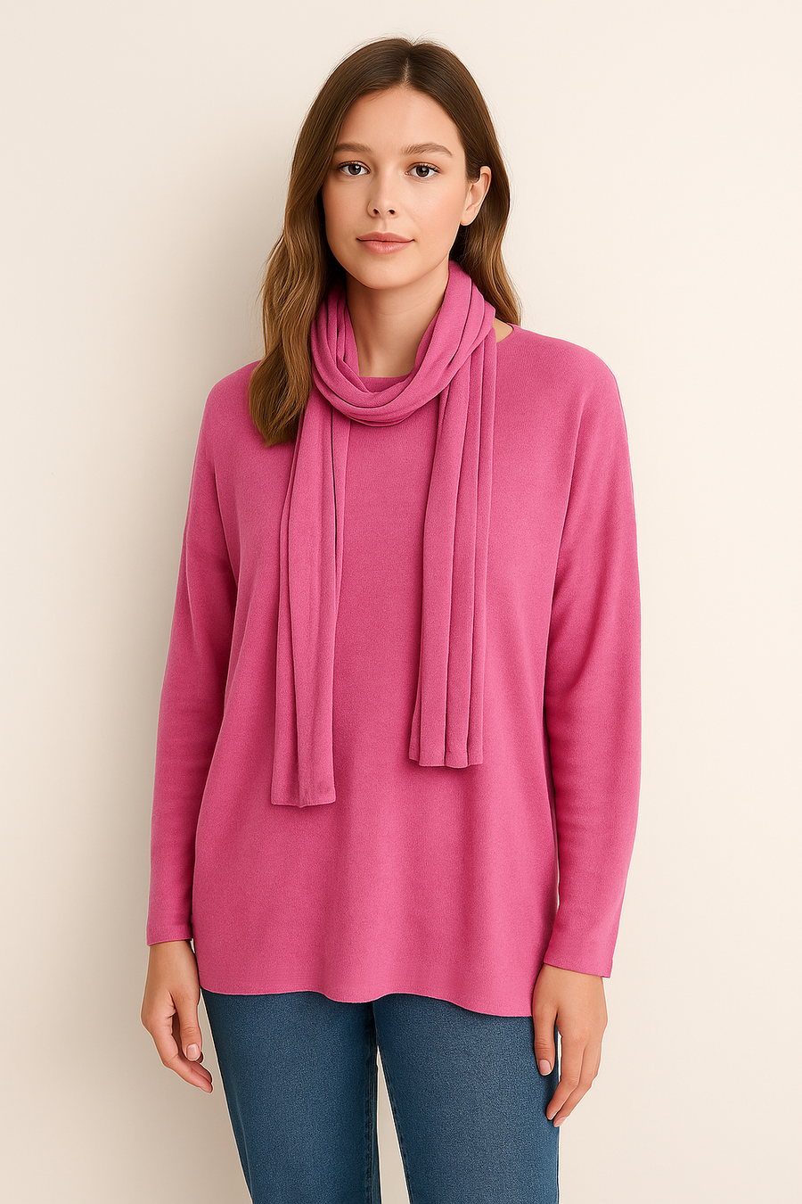 WOOL BLEND LIGHT KNIT TOP WITH MATCHING COLOUR SCARF