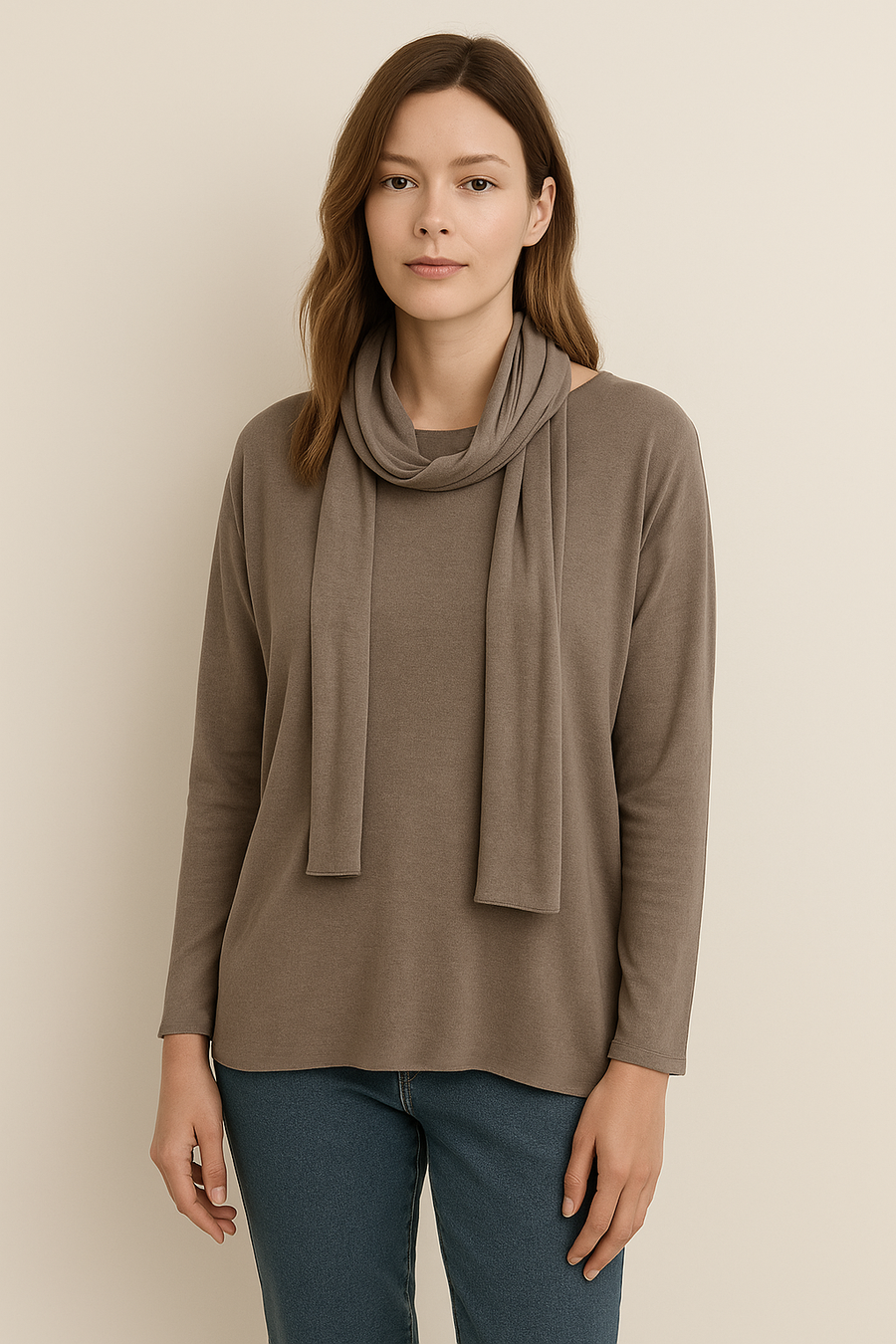 WOOL BLEND LIGHT KNIT TOP WITH MATCHING COLOUR SCARF