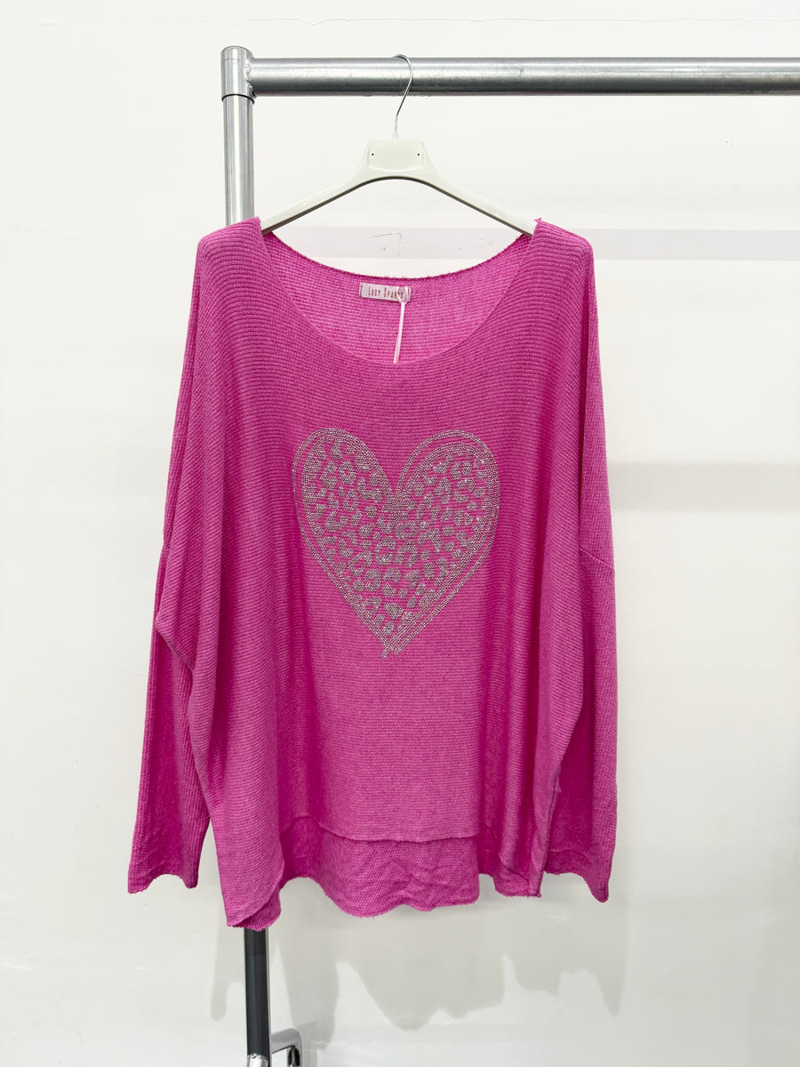 LIGHTWEIGHT KNIT TOP WITH CRYSTAL DIAMANTE'S HEART DESIGN ON FRONT