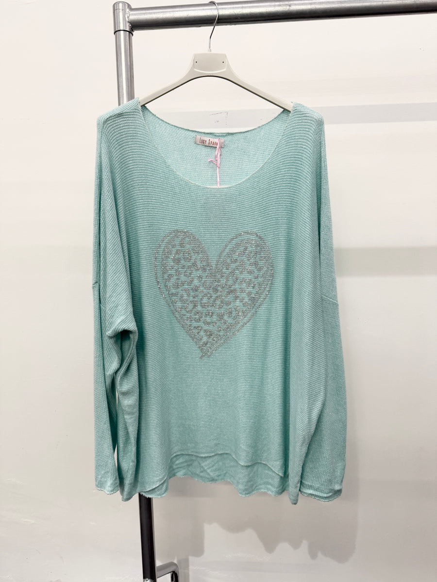 LIGHTWEIGHT KNIT TOP WITH CRYSTAL DIAMANTE'S HEART DESIGN ON FRONT