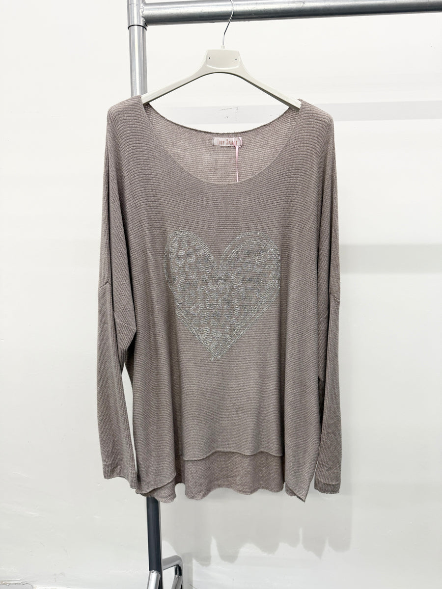 LIGHTWEIGHT KNIT TOP WITH CRYSTAL DIAMANTE'S HEART DESIGN ON FRONT