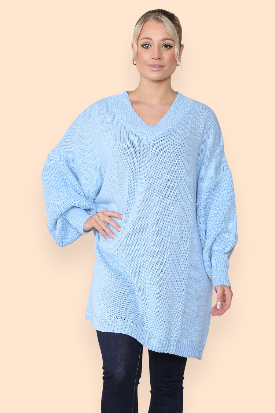 Balloon Sleeve V Neck Jumper