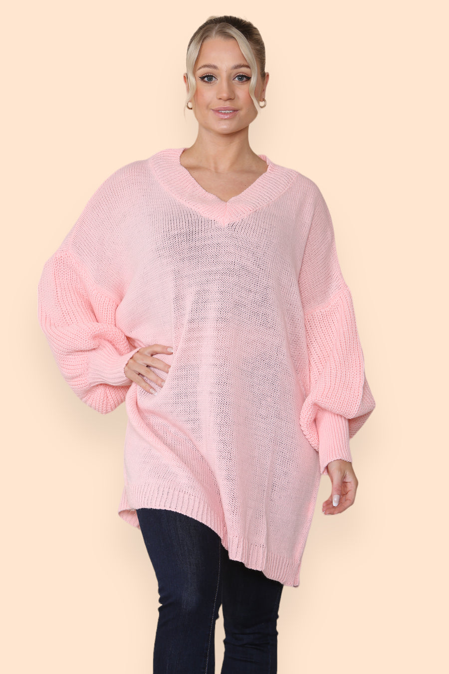 Balloon Sleeve V Neck Jumper