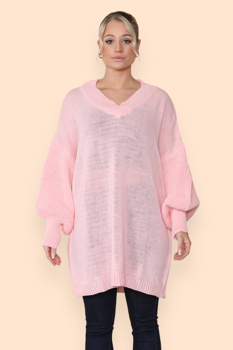 Balloon Sleeve V Neck Jumper