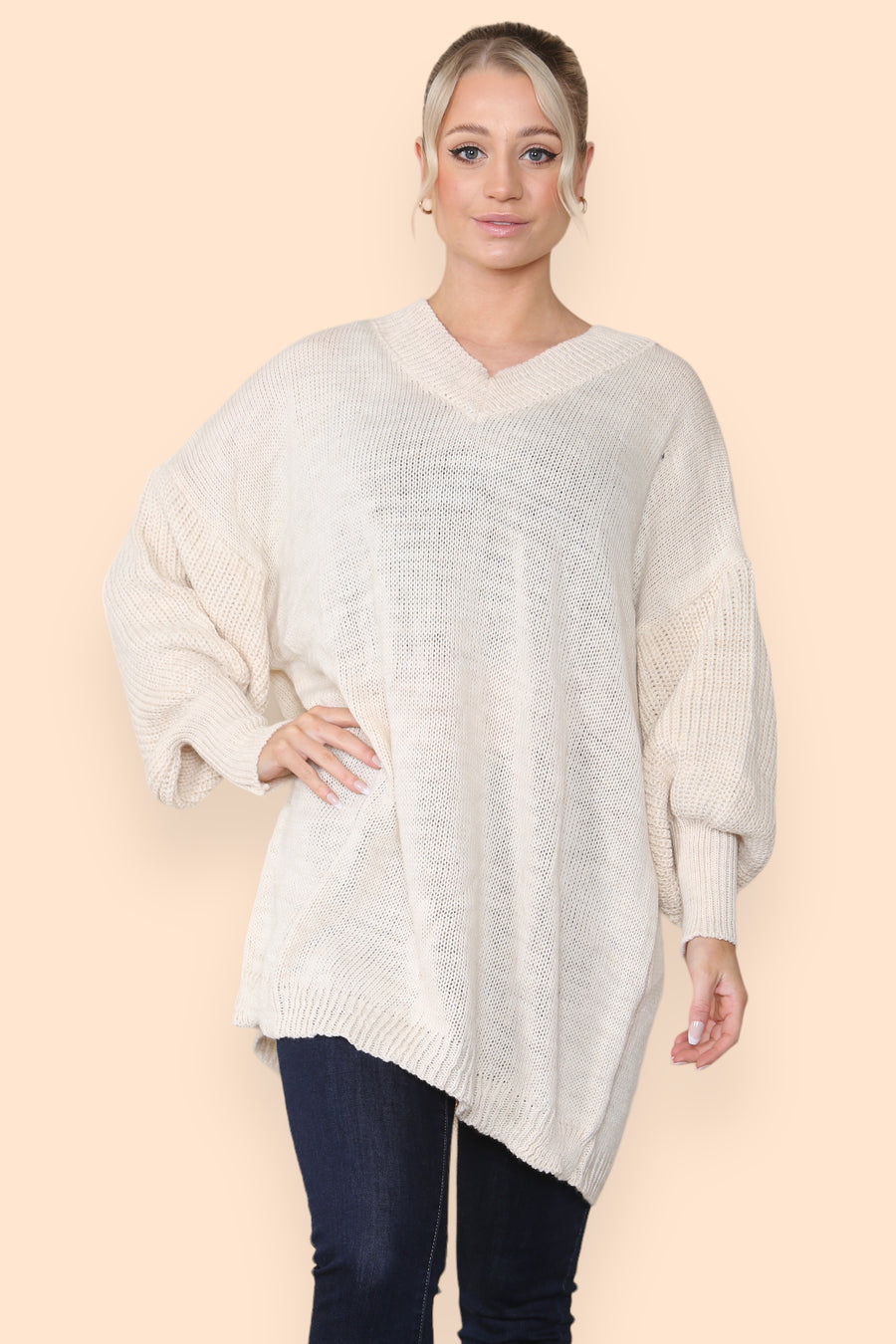 Balloon Sleeve V Neck Jumper