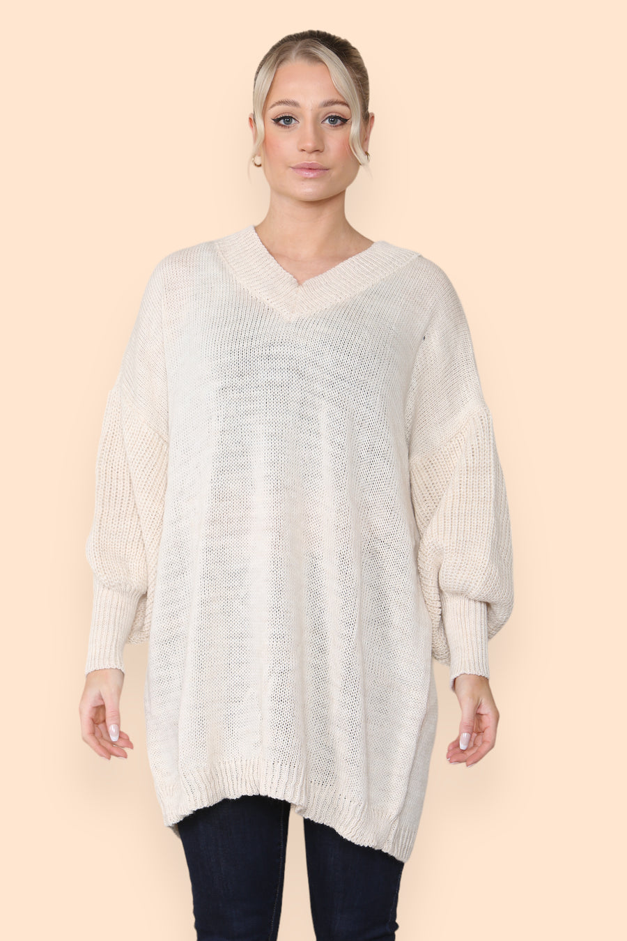 Balloon Sleeve V Neck Jumper