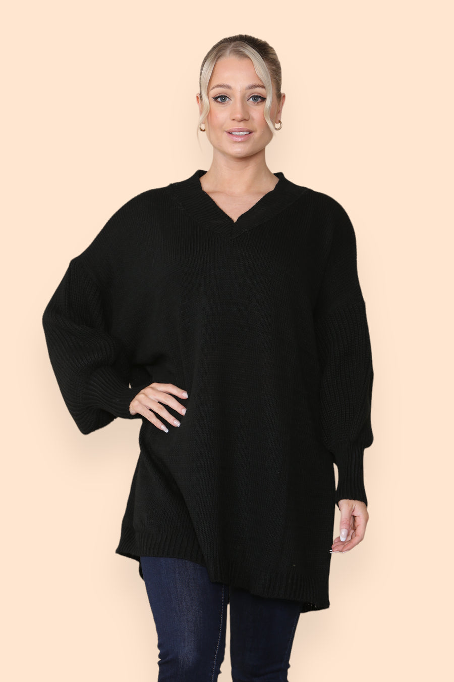 Balloon Sleeve V Neck Jumper