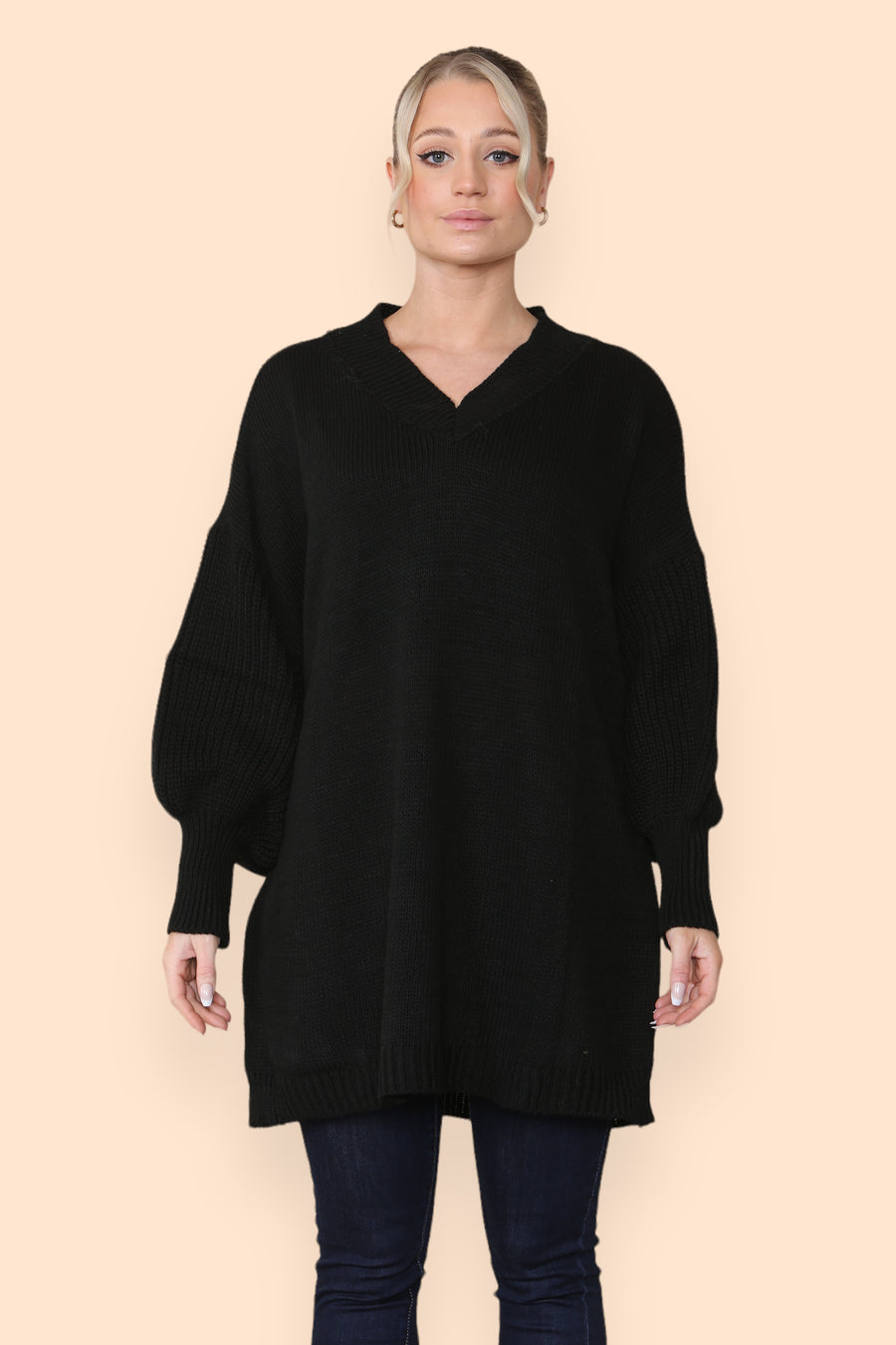 Balloon Sleeve V Neck Jumper