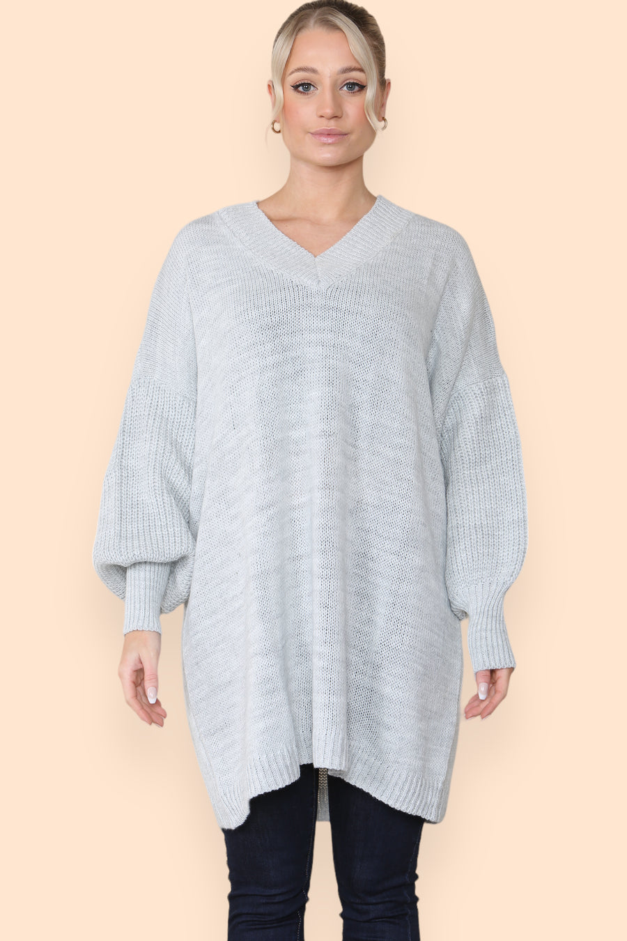 Balloon Sleeve V Neck Jumper