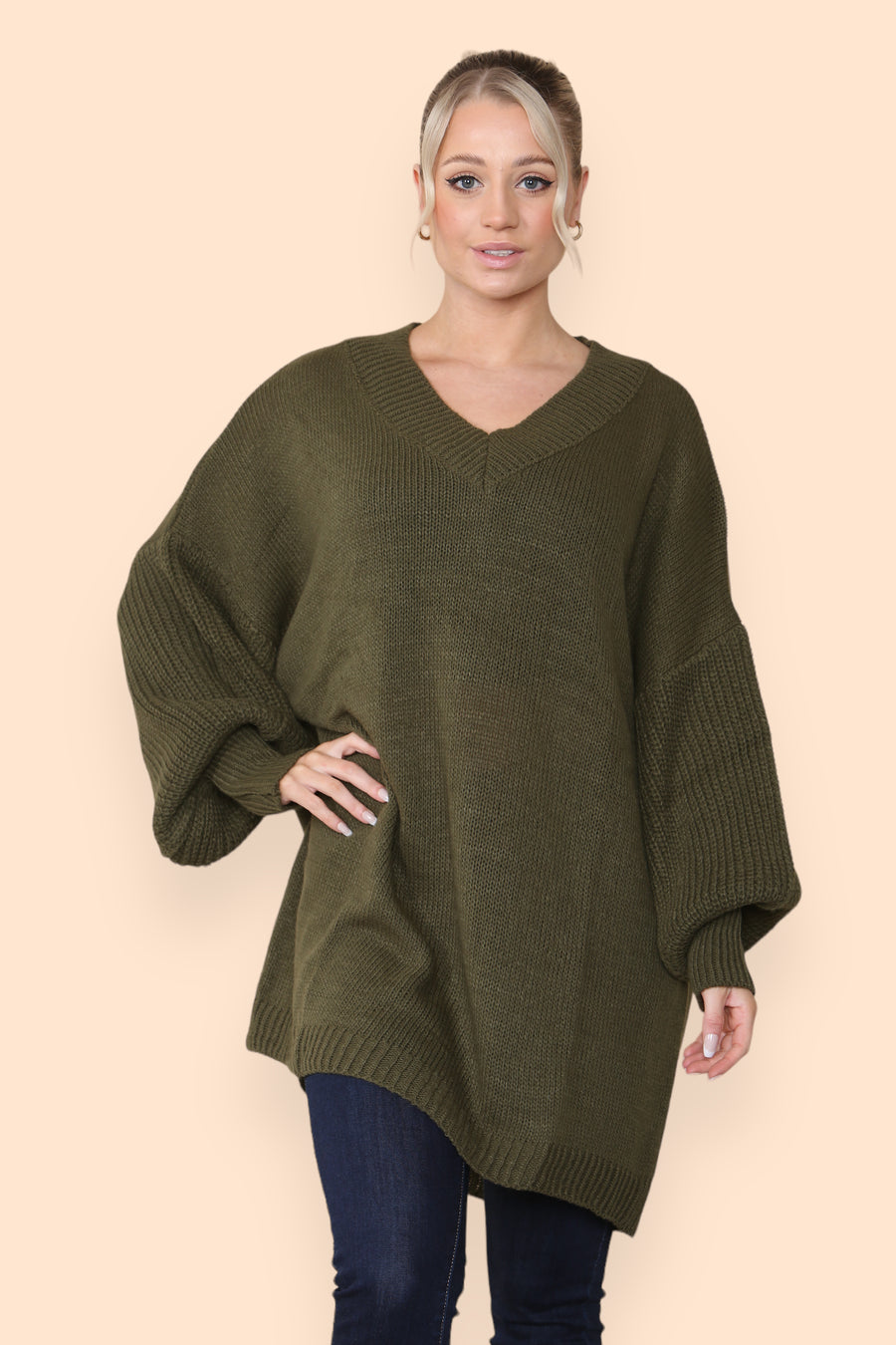 Balloon Sleeve V Neck Jumper