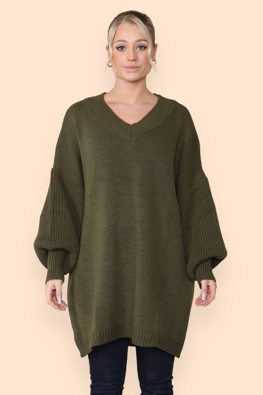 Balloon Sleeve V Neck Jumper