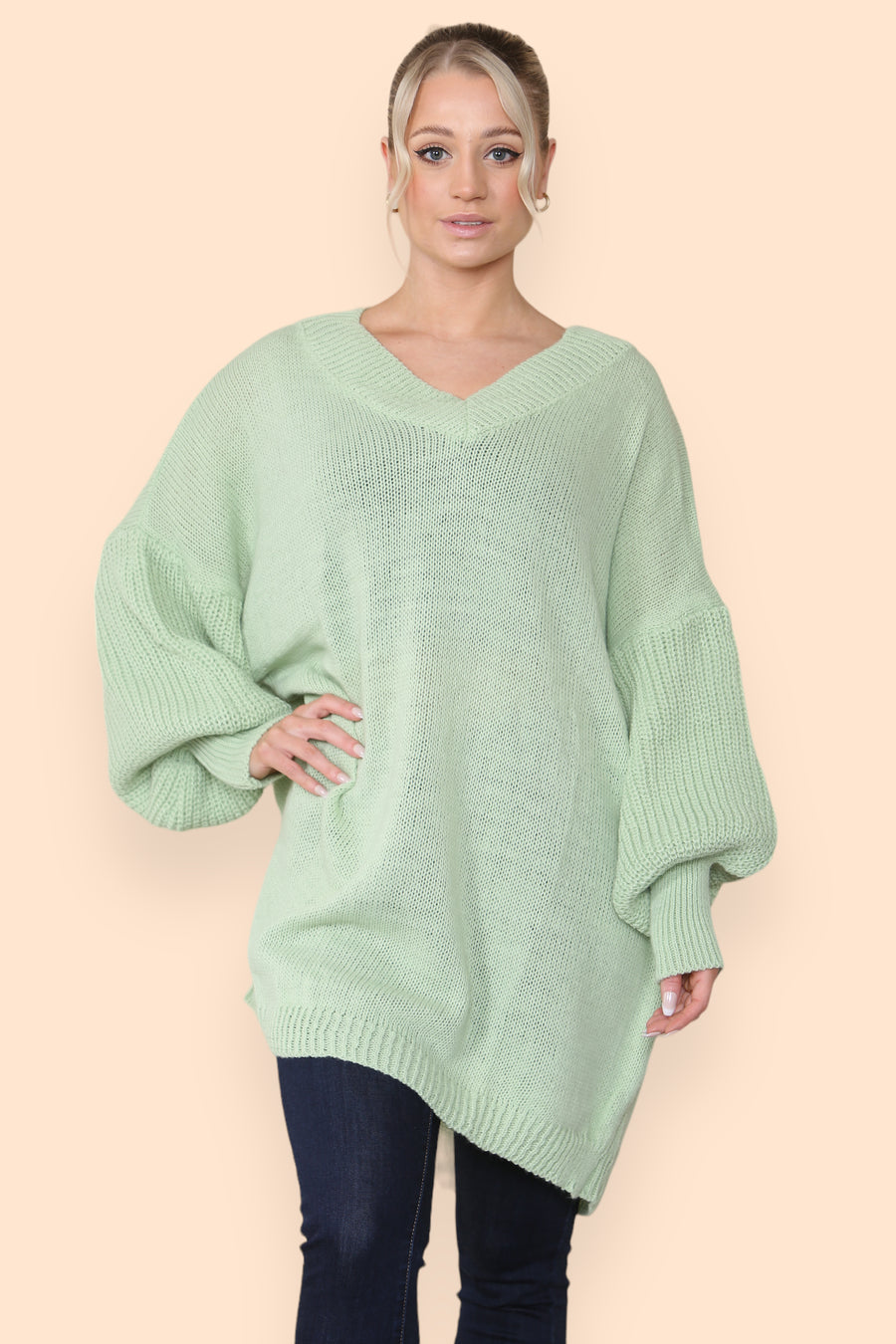 Balloon Sleeve V Neck Jumper