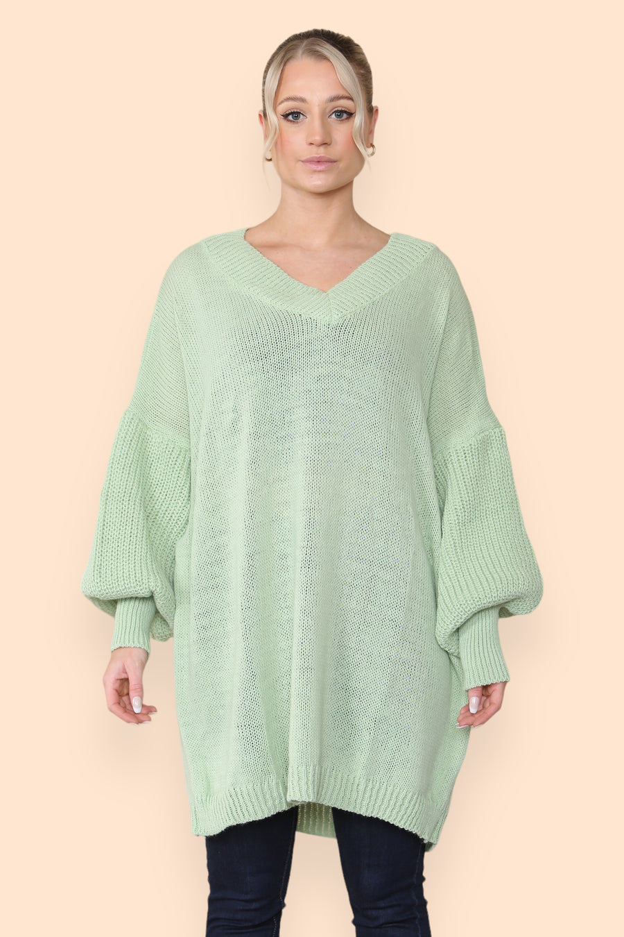 Balloon Sleeve V Neck Jumper